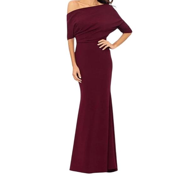 Betsy & Adam Madeline Long scuba crepe off the shoulder drop dress size 12 - Picture 1 of 9